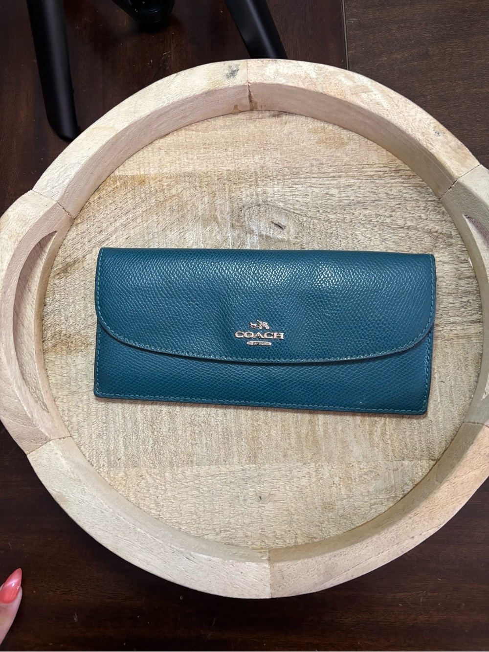 COACH Teal Pebbled Leather Continental Wallet with Gold Logo
